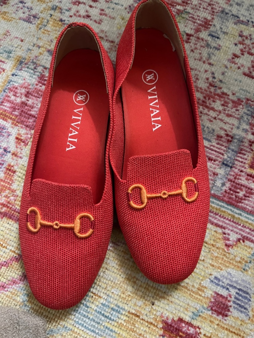 Vivaia Women's Red Knit Loafers with Gold Bit Detail